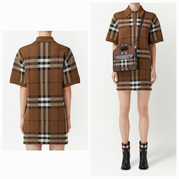 Burberry Dresses & Skirts - Burberry Carmella Polo Shirt Dress Wool Dark Birch Check Jacquard Italy Medium